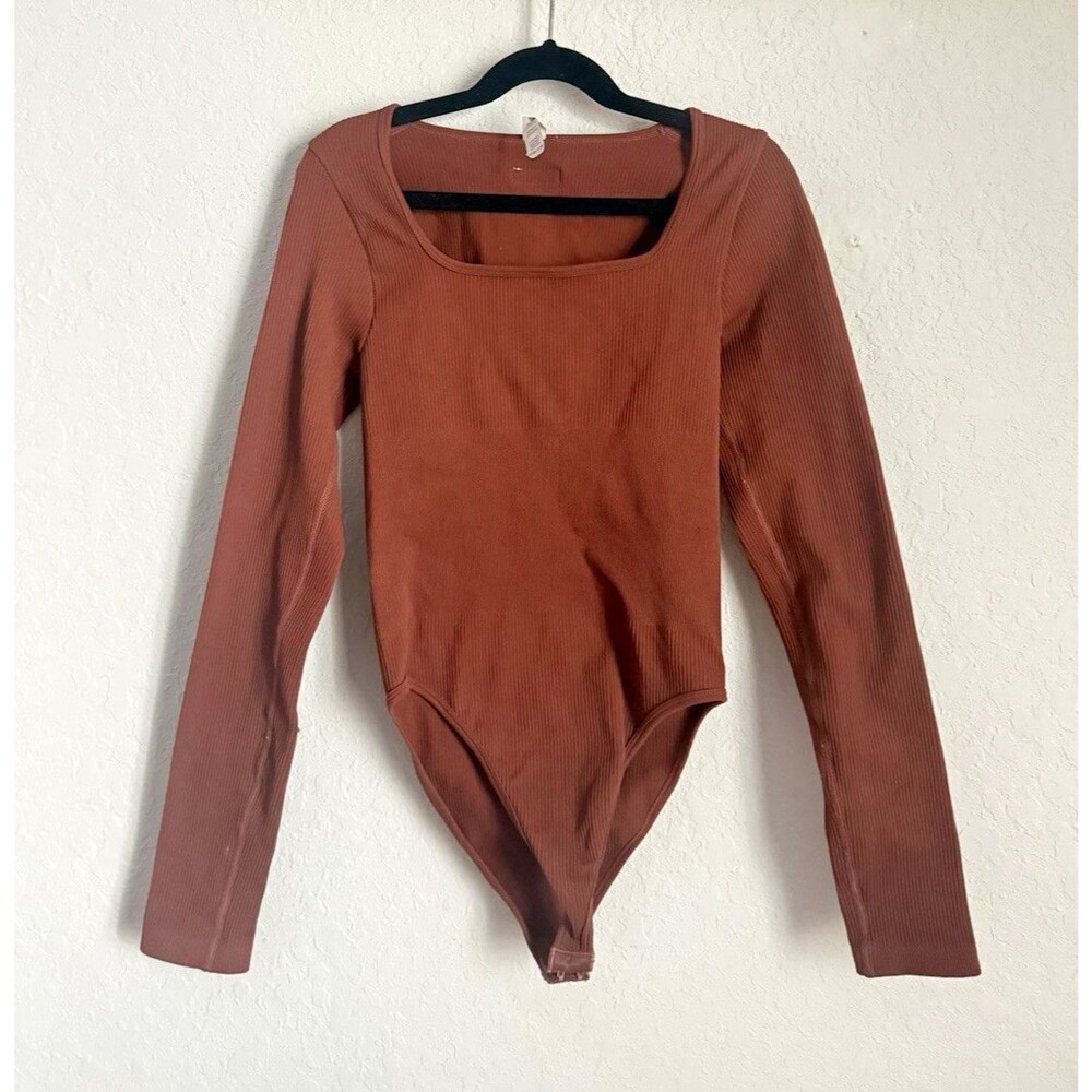 MOOSLOVER Women's Brown Ribbed Long Sleeve Bodysuit Stretch Opaque S